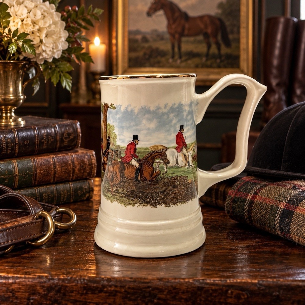 Vintage Weatherby Royal Falcon Fox Hunt Tankard Mug England Gold Trim 6”